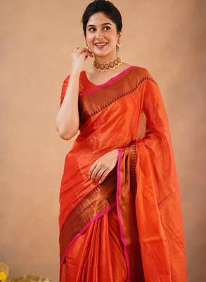 Orange fancy cotton handloom saree with blouse piece for women 4