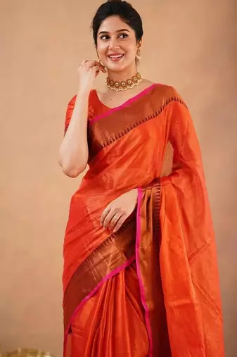 Orange fancy cotton handloom saree with blouse piece for women