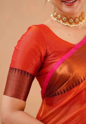 Orange fancy cotton handloom saree with blouse piece for women 5