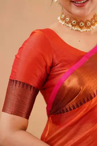 Orange fancy cotton handloom saree with blouse piece for women