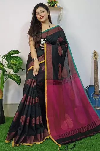Black & pink fancy cotton handloom saree with blouse piece for women