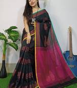 Black & pink fancy cotton handloom saree with blouse piece for women