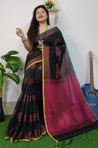 Black & pink fancy cotton handloom saree with blouse piece for women