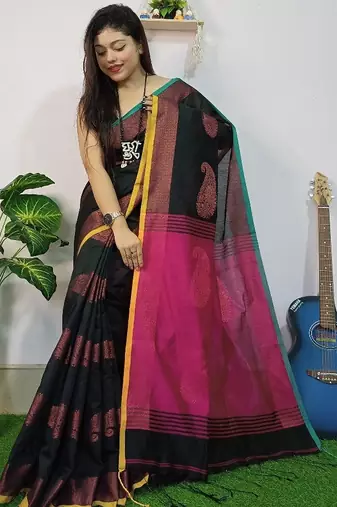 Black & pink fancy cotton handloom saree with blouse piece for women