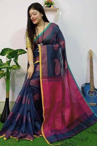 Blue & pink fancy cotton handloom saree with blouse piece for women