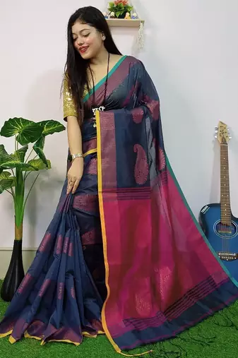 Blue & pink fancy cotton handloom saree with blouse piece for women