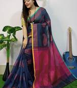 Blue & pink fancy cotton handloom saree with blouse piece for women
