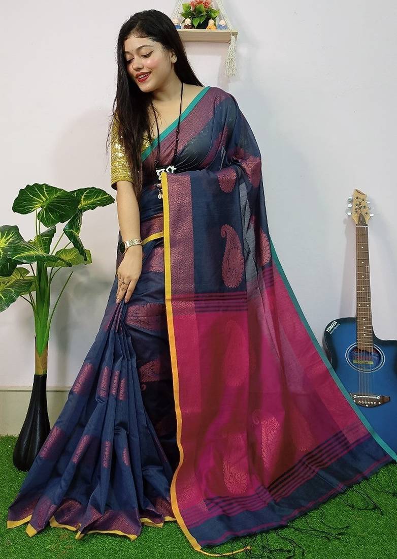 Blue & pink fancy cotton handloom saree with blouse piece for women
