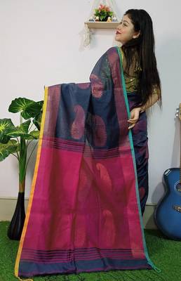 Blue & pink fancy cotton handloom saree with blouse piece for women 2