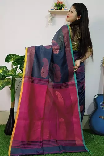 Blue & pink fancy cotton handloom saree with blouse piece for women
