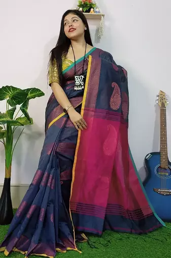 Blue & pink fancy cotton handloom saree with blouse piece for women