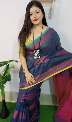 Blue & pink fancy cotton handloom saree with blouse piece for women 4