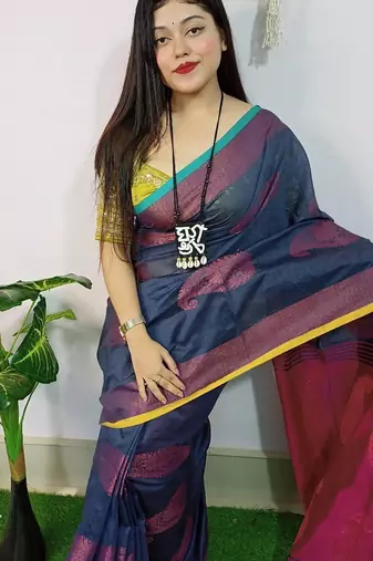 Blue & pink fancy cotton handloom saree with blouse piece for women