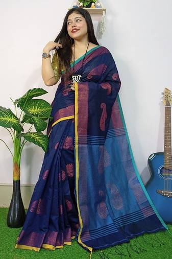 Blue fancy cotton handloom saree with blouse piece for women