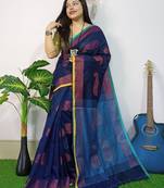 Blue fancy cotton handloom saree with blouse piece for women