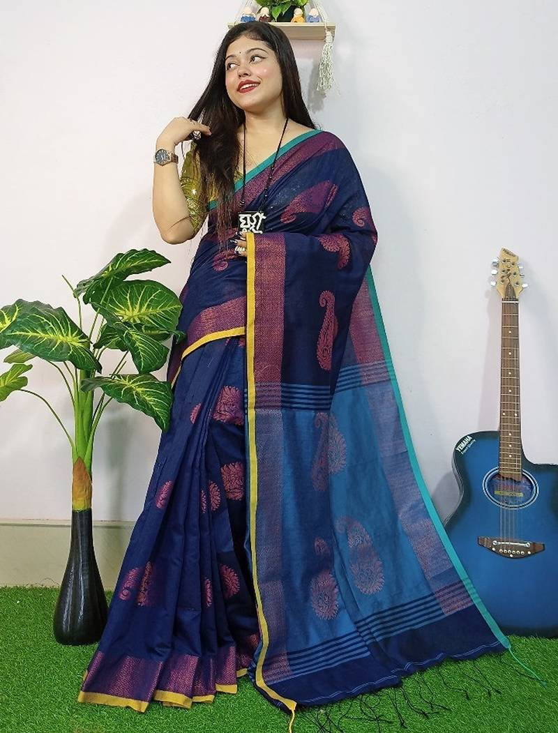 Blue fancy cotton handloom saree with blouse piece for women