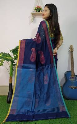 Blue fancy cotton handloom saree with blouse piece for women 2