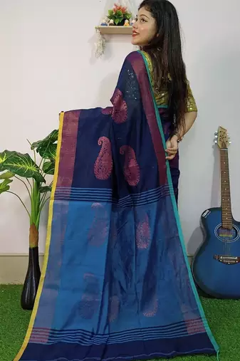 Blue fancy cotton handloom saree with blouse piece for women