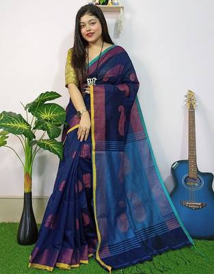 Blue fancy cotton handloom saree with blouse piece for women 3