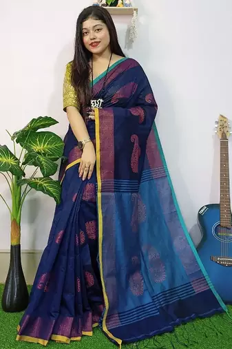 Blue fancy cotton handloom saree with blouse piece for women
