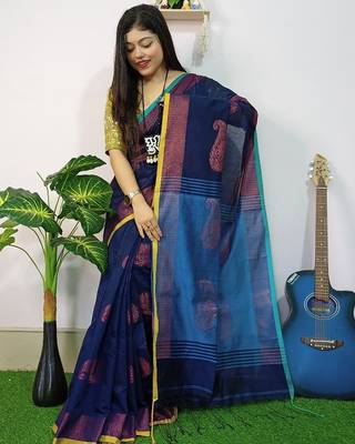 Blue fancy cotton handloom saree with blouse piece for women 4