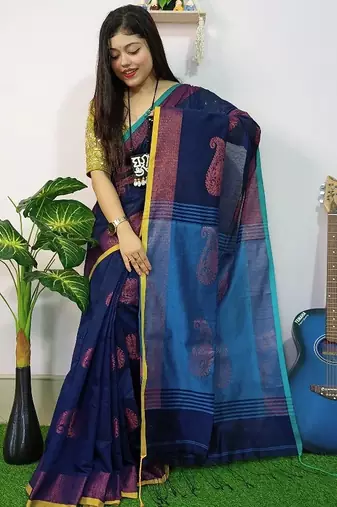 Blue fancy cotton handloom saree with blouse piece for women