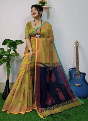 Cream & blue fancy cotton handloom saree with blouse piece for women 1