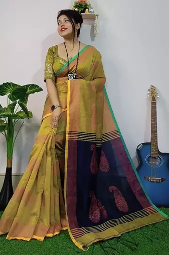 Cream & blue fancy cotton handloom saree with blouse piece for women