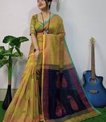 Cream & blue fancy cotton handloom saree with blouse piece for women