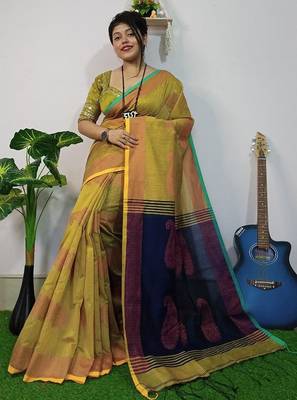 Cream & blue fancy cotton handloom saree with blouse piece for women 2