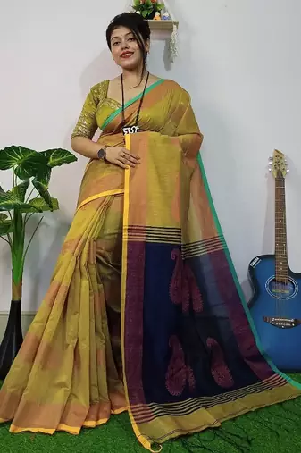 Cream & blue fancy cotton handloom saree with blouse piece for women