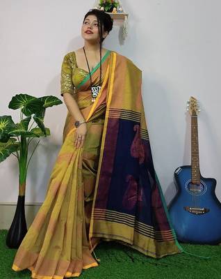 Cream & blue fancy cotton handloom saree with blouse piece for women 3