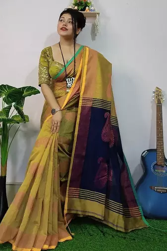 Cream & blue fancy cotton handloom saree with blouse piece for women