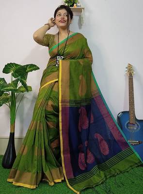 Green & blue fancy cotton handloom saree with blouse piece for women 1