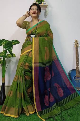 Green & blue fancy cotton handloom saree with blouse piece for women