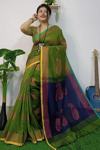 Green & blue fancy cotton handloom saree with blouse piece for women