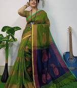 Green & blue fancy cotton handloom saree with blouse piece for women