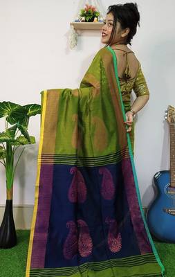 Green & blue fancy cotton handloom saree with blouse piece for women 2