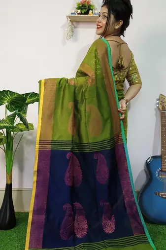 Green & blue fancy cotton handloom saree with blouse piece for women