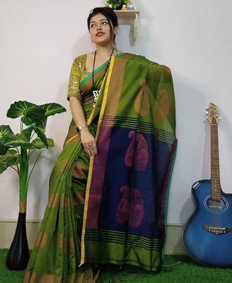 Green & blue fancy cotton handloom saree with blouse piece for women 3
