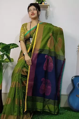 Green & blue fancy cotton handloom saree with blouse piece for women