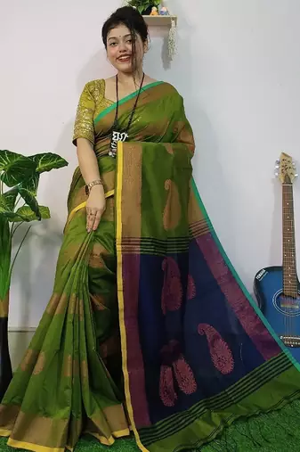 Green & blue fancy cotton handloom saree with blouse piece for women