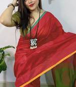 Red & green fancy cotton handloom saree with blouse piece for women