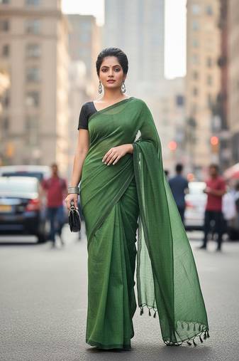 Teal Green fancy cotton handloom saree with blouse piece for women