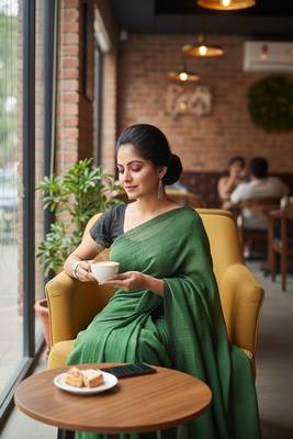 Teal Green fancy cotton handloom saree with blouse piece for women 2
