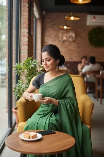 Teal Green fancy cotton handloom saree with blouse piece for women