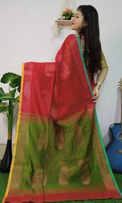 Red & green fancy cotton handloom saree with blouse piece for women 2