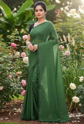 Teal Green fancy cotton handloom saree with blouse piece for women 3
