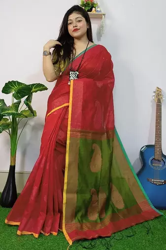 Red & green fancy cotton handloom saree with blouse piece for women