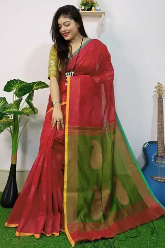 Red & green fancy cotton handloom saree with blouse piece for women